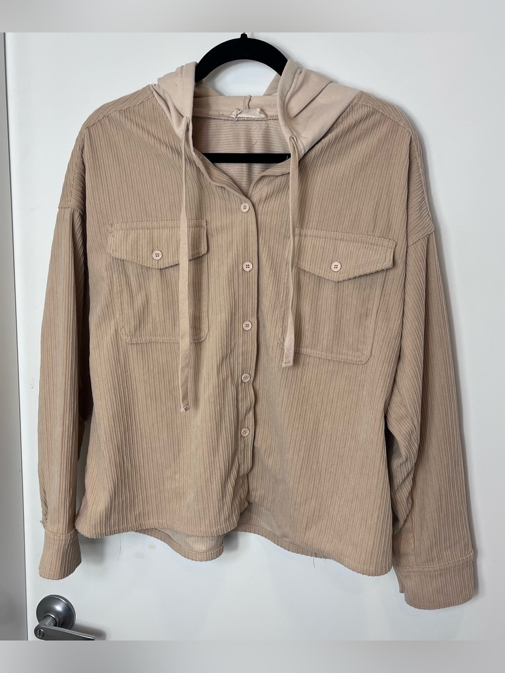 Altar'd State Hooded Corduroy Rib Button Shirt Jacket Beige Medium Monochrome